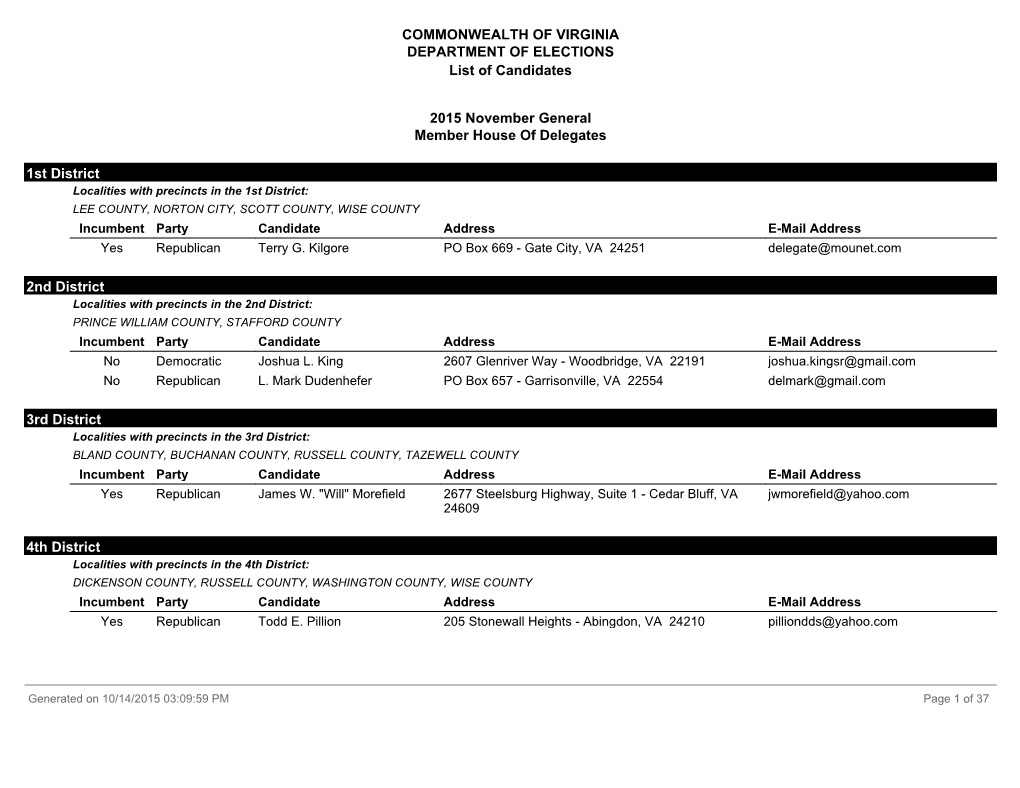 2015 November General Member House of Delegates 1St District 2Nd