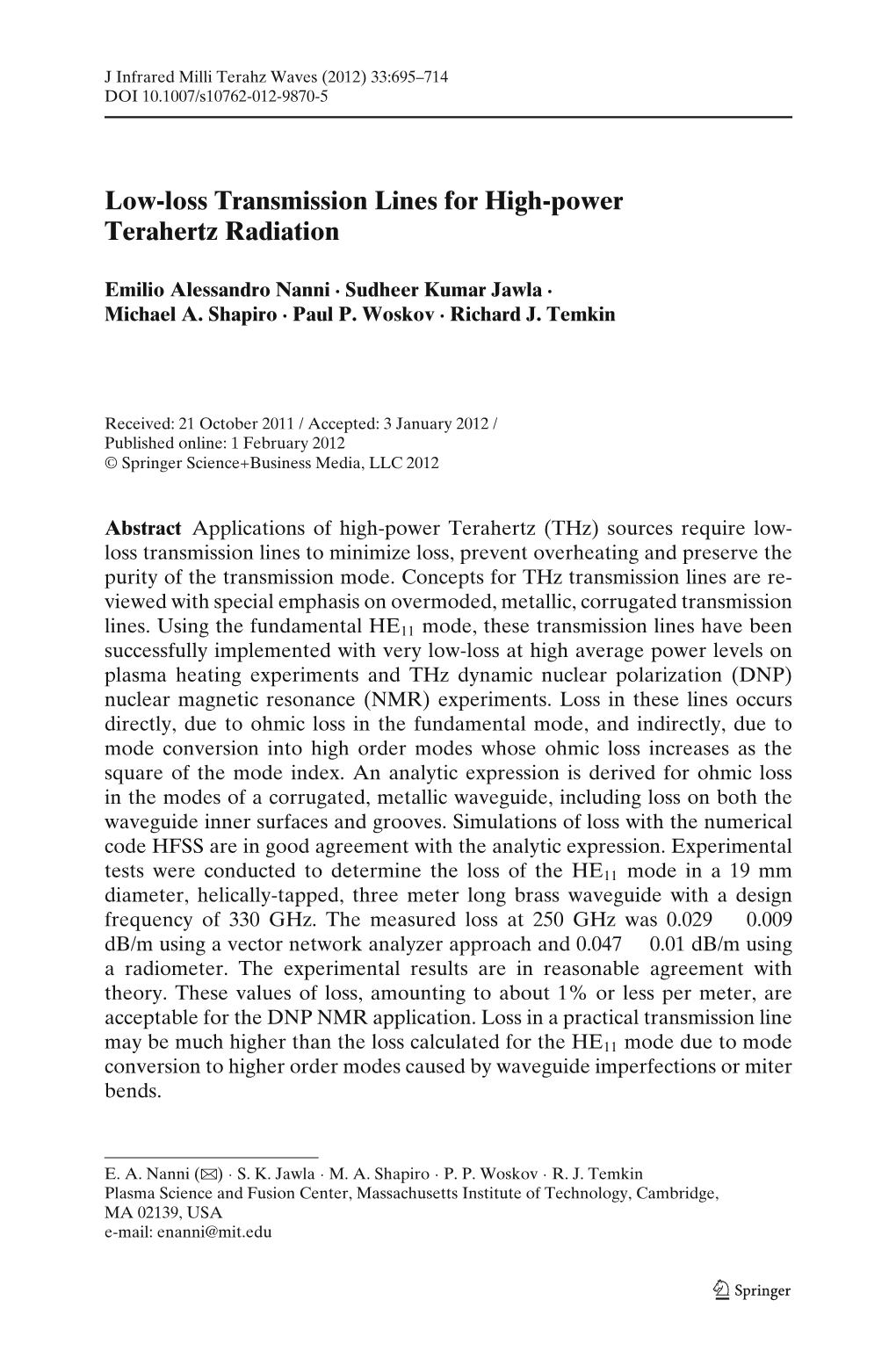 Low-Loss Transmission Lines for High-Power Terahertz Radiation