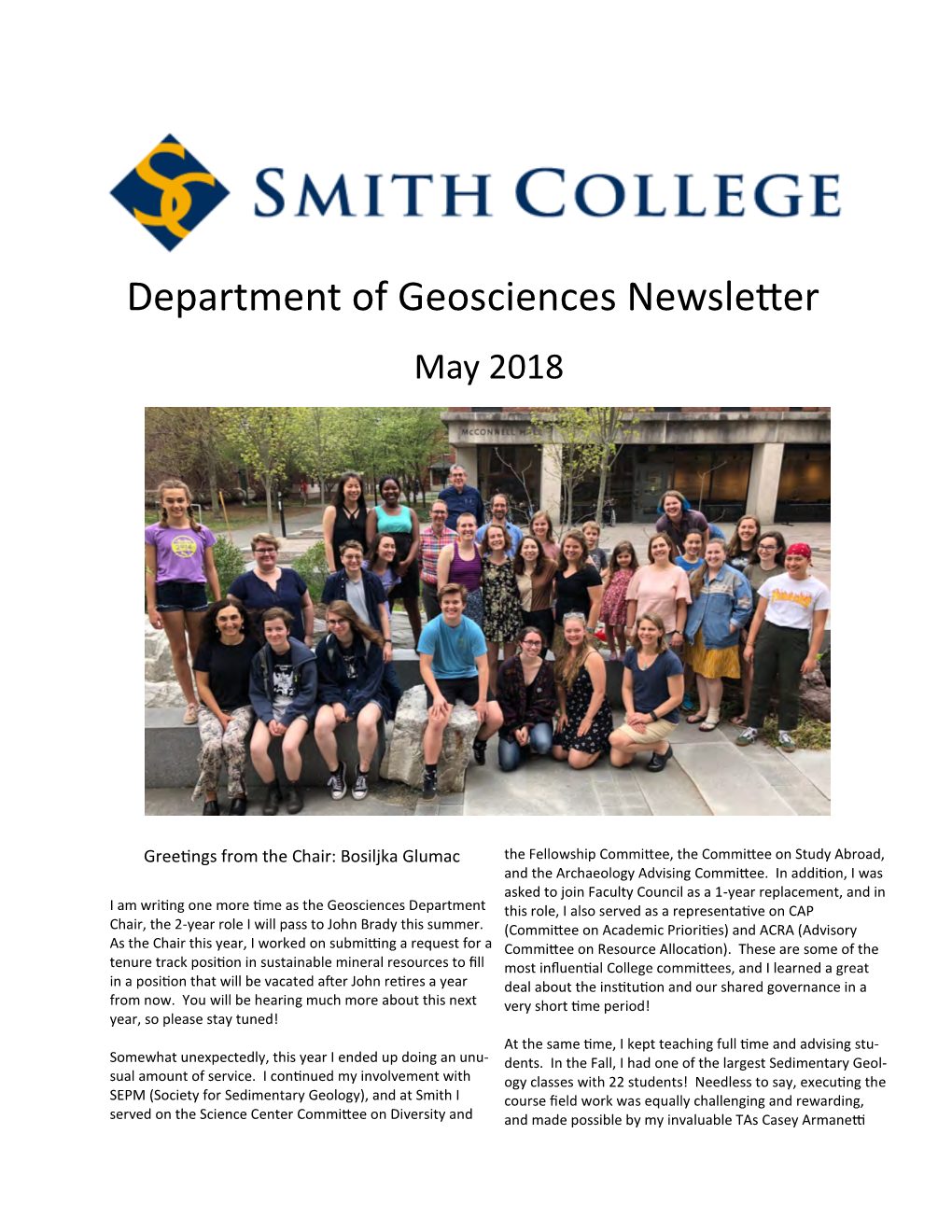 Department of Geosciences Newsletter May 2018