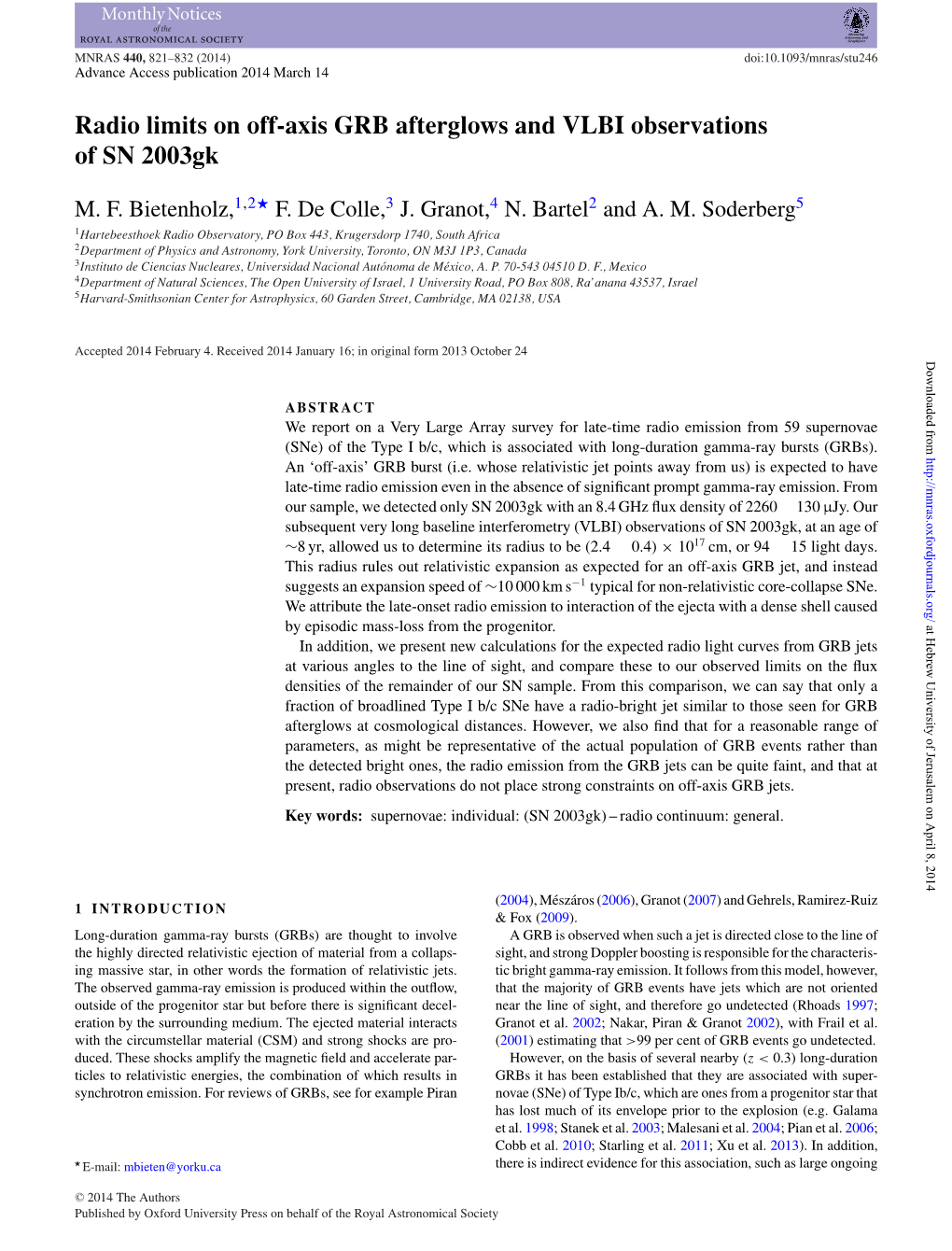 Radio Limits on Off-Axis GRB Afterglows and VLBI Observations of SN 2003Gk