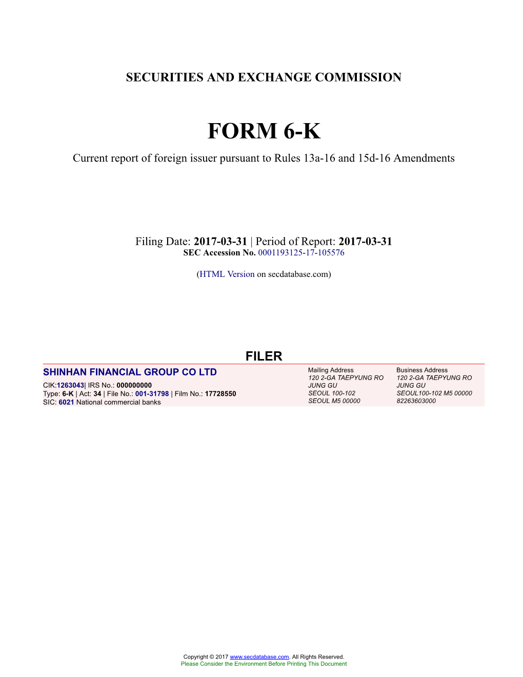 SHINHAN FINANCIAL GROUP CO LTD Form 6-K Current Report Filed