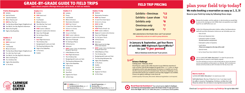 Grade-By-Grade Guide to Field Trips Learn About Complete Offerings When You Call to Book, Or Visit Our Website