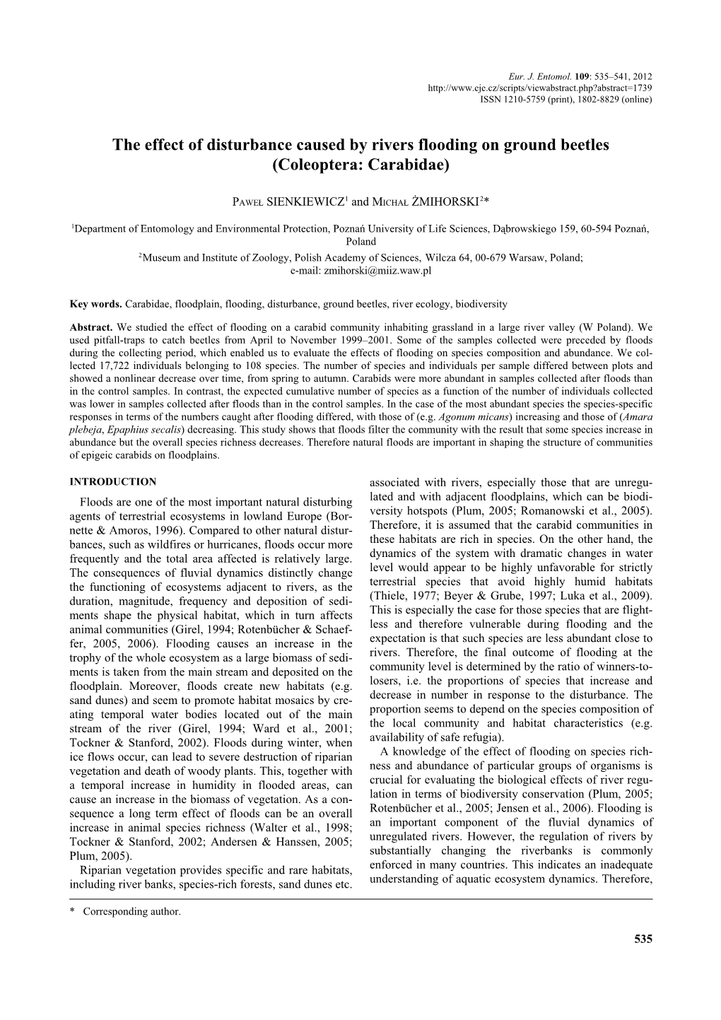 The Effect of Disturbance Caused by Rivers Flooding on Ground Beetles (Coleoptera: Carabidae)