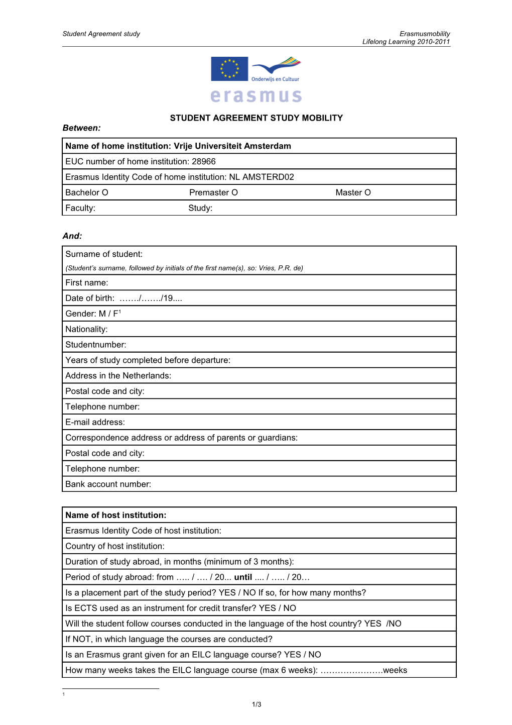 Student Agreement Study Erasmusmobility