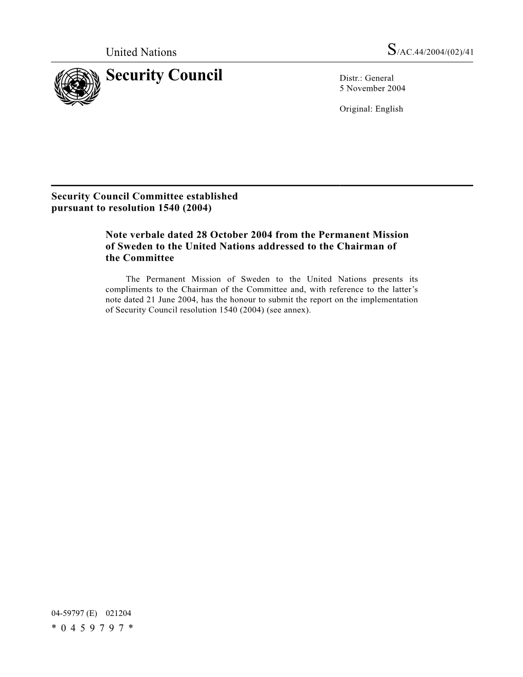 Security Council Distr.: General 5 November 2004