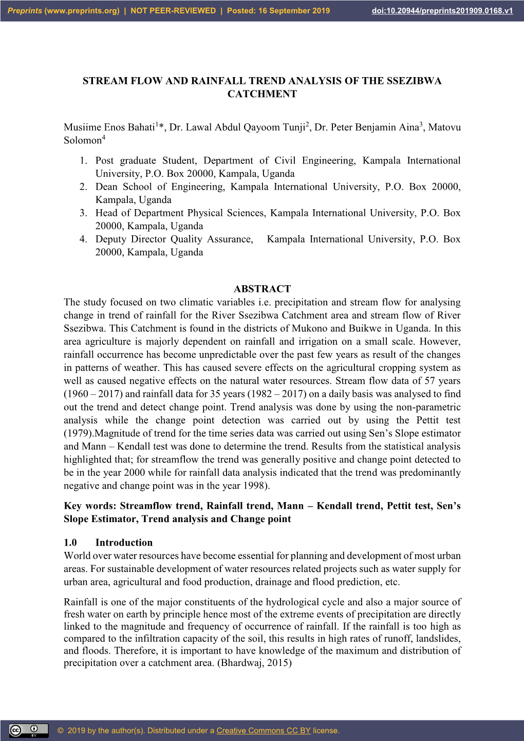 Stream Flow and Rainfall Trend Analysis of the Ssezibwa Catchment