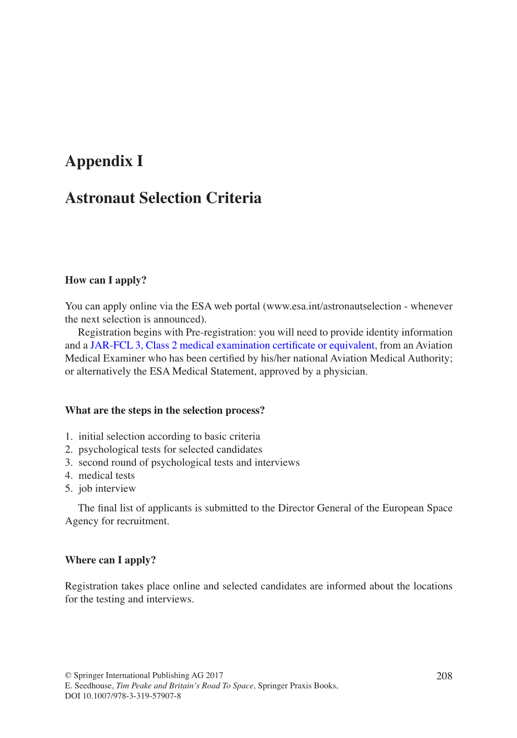 Appendix I Astronaut Selection Criteria