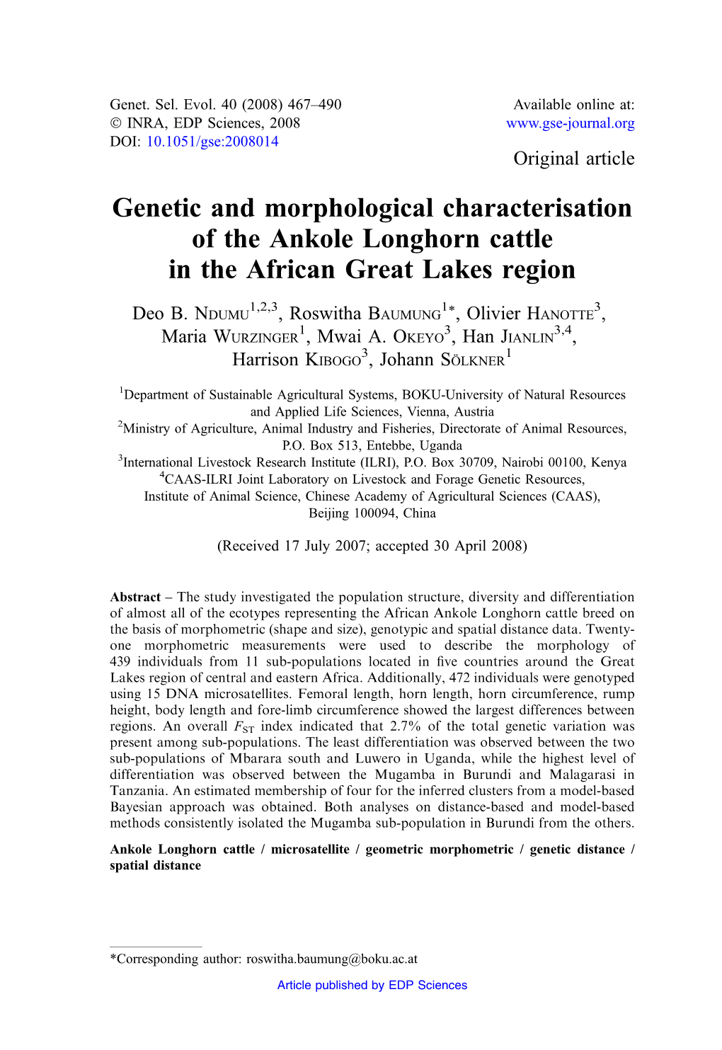 Genetic and Morphological Characterisation of the Ankole Longhorn Cattle in the African Great Lakes Region