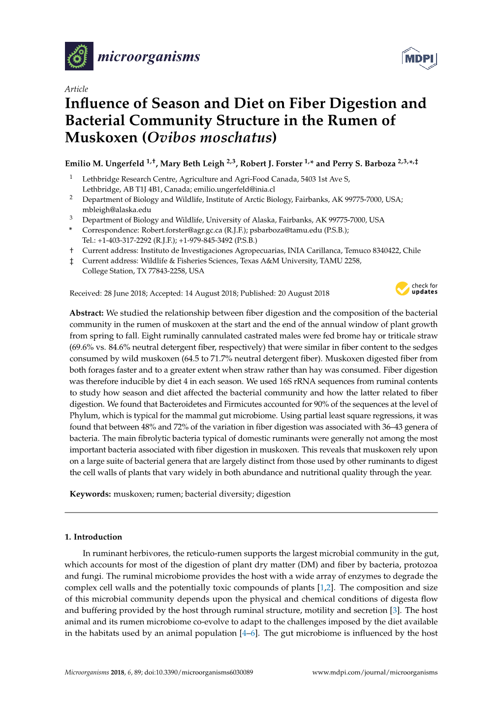 Influence of Season and Diet on Fiber Digestion and Bacterial Community Structure in the Rumen of Muskoxen