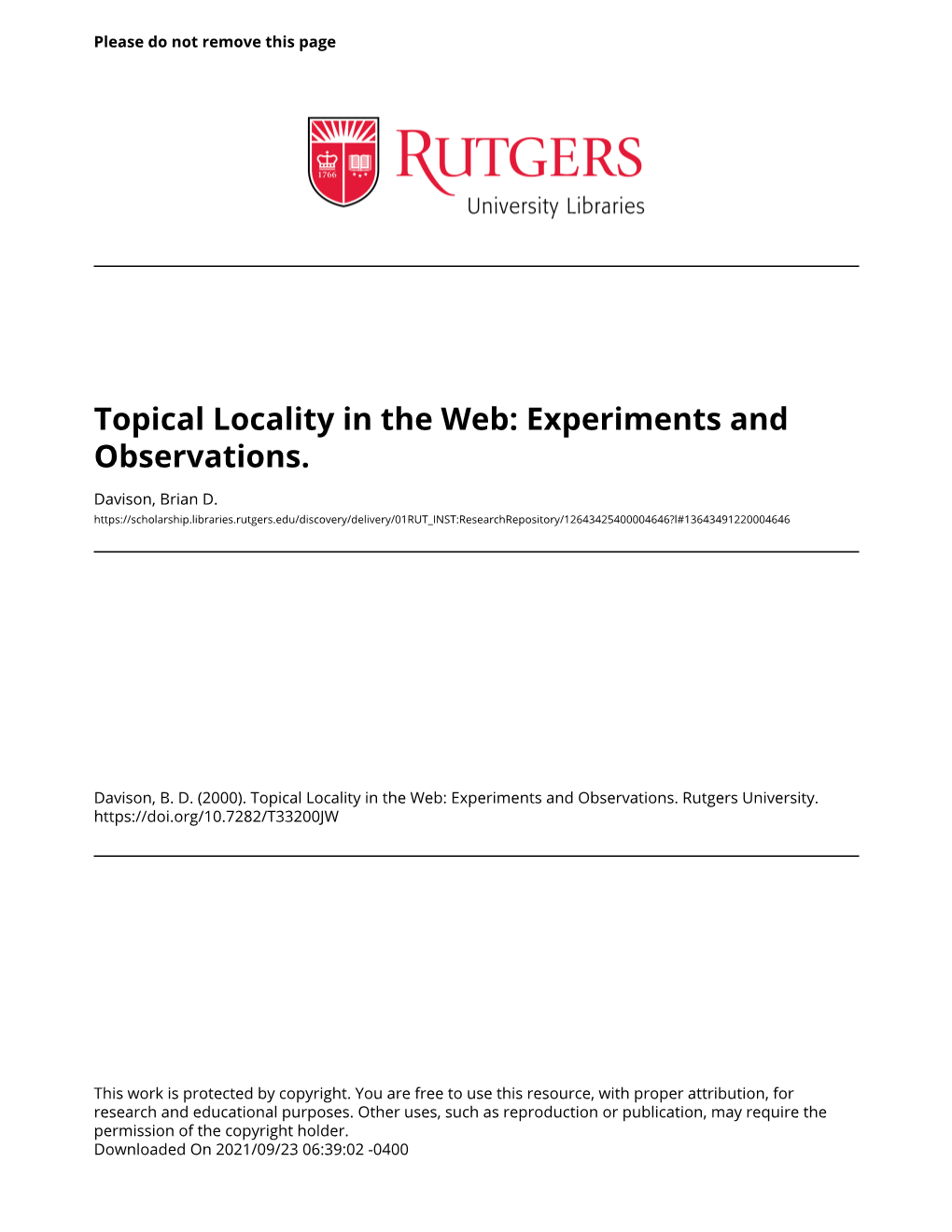 Topical Locality in the Web: Experiments and Observations