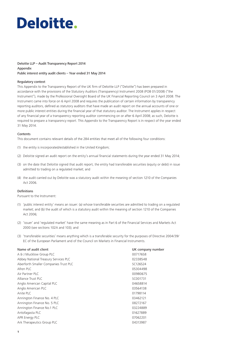 Deloitte LLP – Audit Transparency Report 2014 Appendix Public Interest Entity Audit Clients – Year Ended 31 May 2014