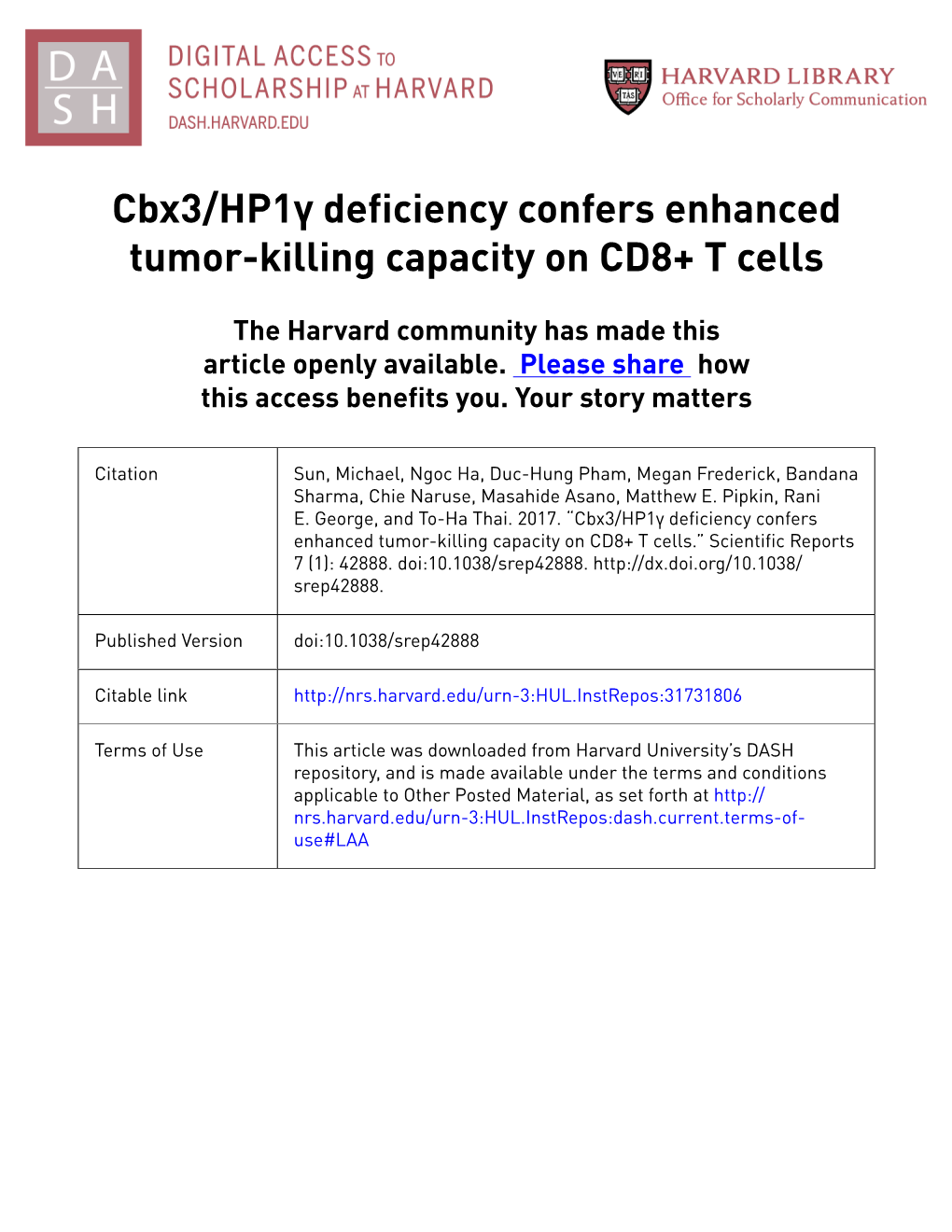 Cbx3/HP1 Deficiency Confers Enhanced Tumor-Killing Capacity On
