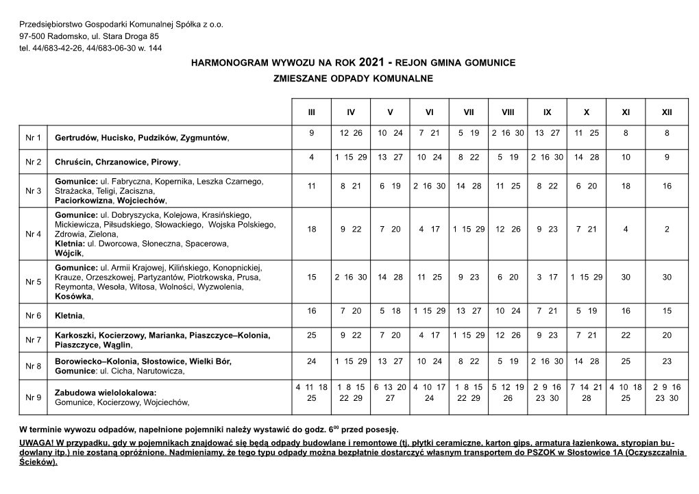 Harmonogram Wywozu Na Rok 2021 - Rejon Gmina Gomunice Zmieszane Odpady Komunalne