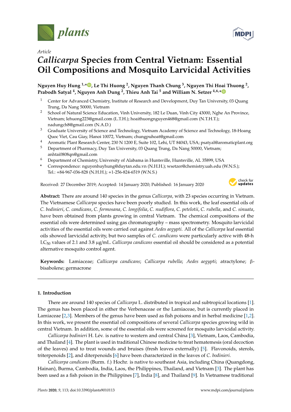 Callicarpa Species from Central Vietnam: Essential Oil Compositions and Mosquito Larvicidal Activities