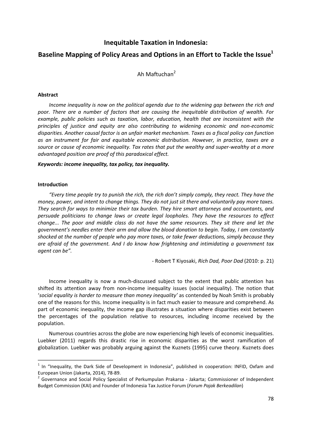 Inequitable Taxation in Indonesia: Baseline Mapping of Policy Areas and Options in an Effort to Tackle the Issue 1