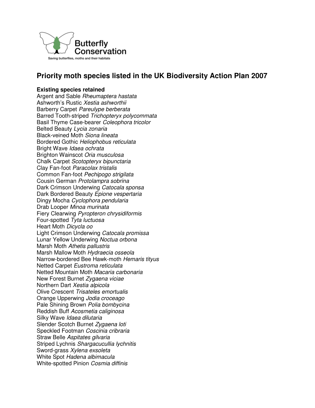 Priority Moth Species Listed in the UK Biodiversity Action Plan 2007