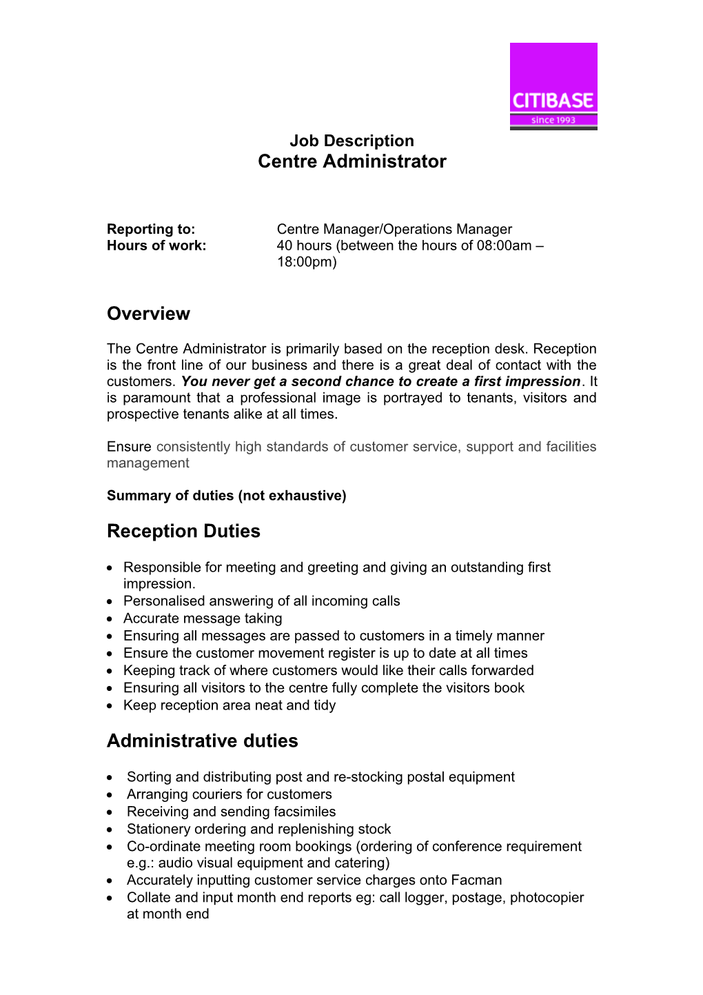 Centre Administrator