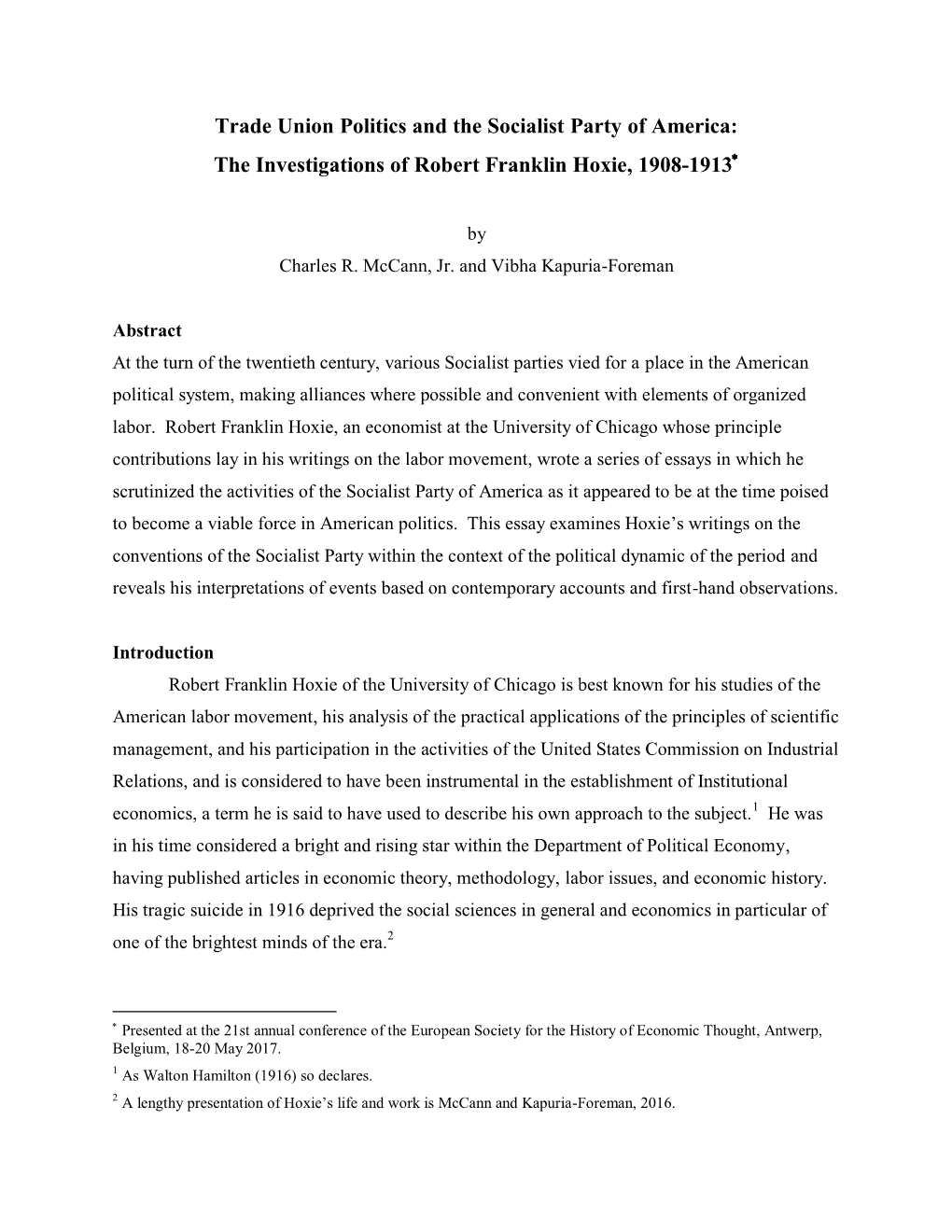 Trade Union Politics and the Socialist Party of America: the Investigations of Robert Franklin Hoxie, 1908-1913