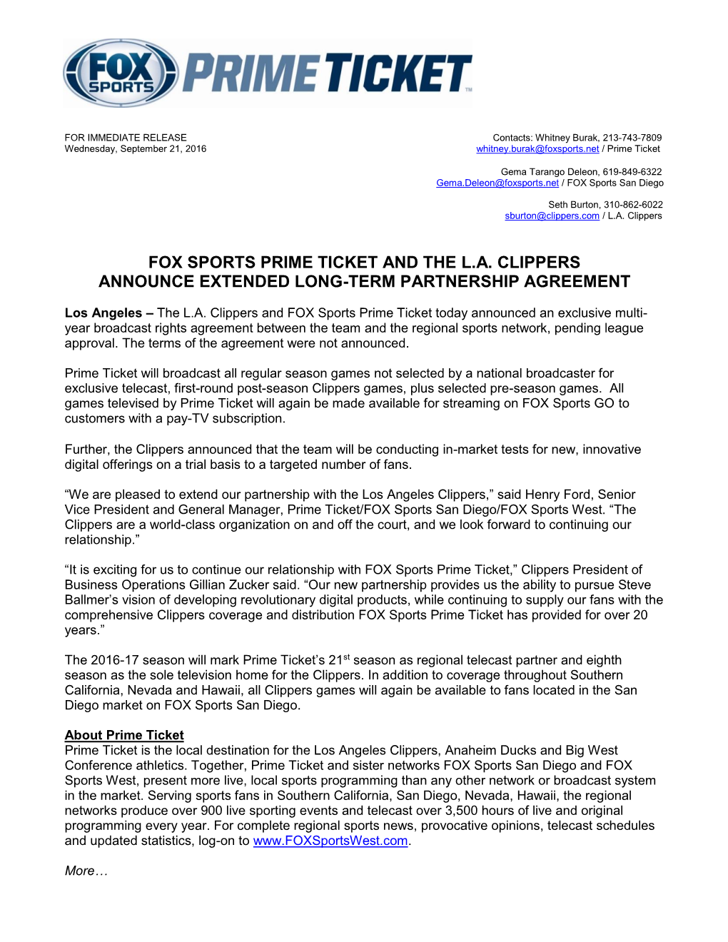 Fox Sports Prime Ticket and the L.A. Clippers Announce Extended Long-Term Partnership Agreement