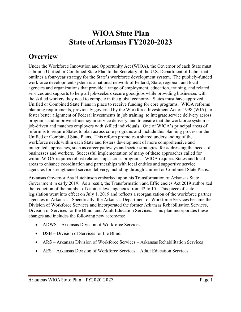 WIOA State Plan State of Arkansas FY2020-2023