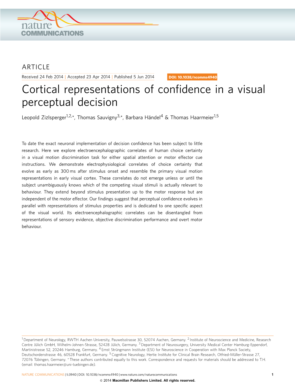 Cortical Representations of Confidence in a Visual Perceptual Decision