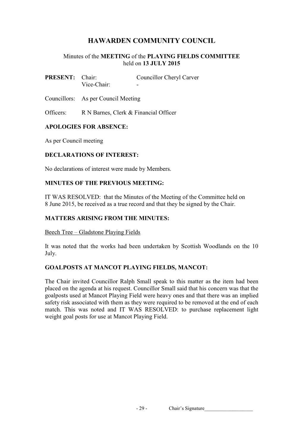 Minutes of the MEETING of the PLAYING FIELDS COMMITTEE Held on 13 JULY 2015