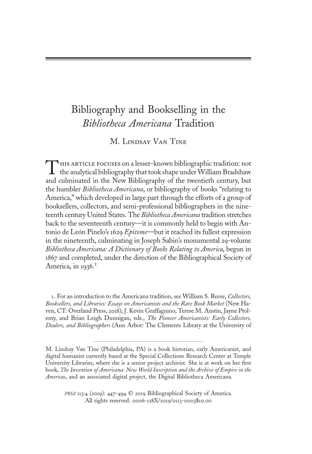 Bibliography and Bookselling in the Bibliotheca Americana Tradition M