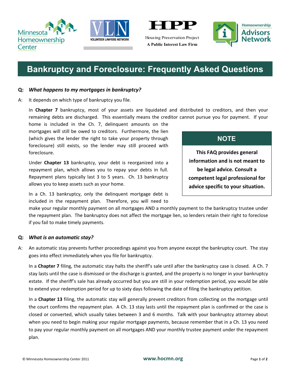 Bankruptcy and Foreclosure: Frequently Asked Questions