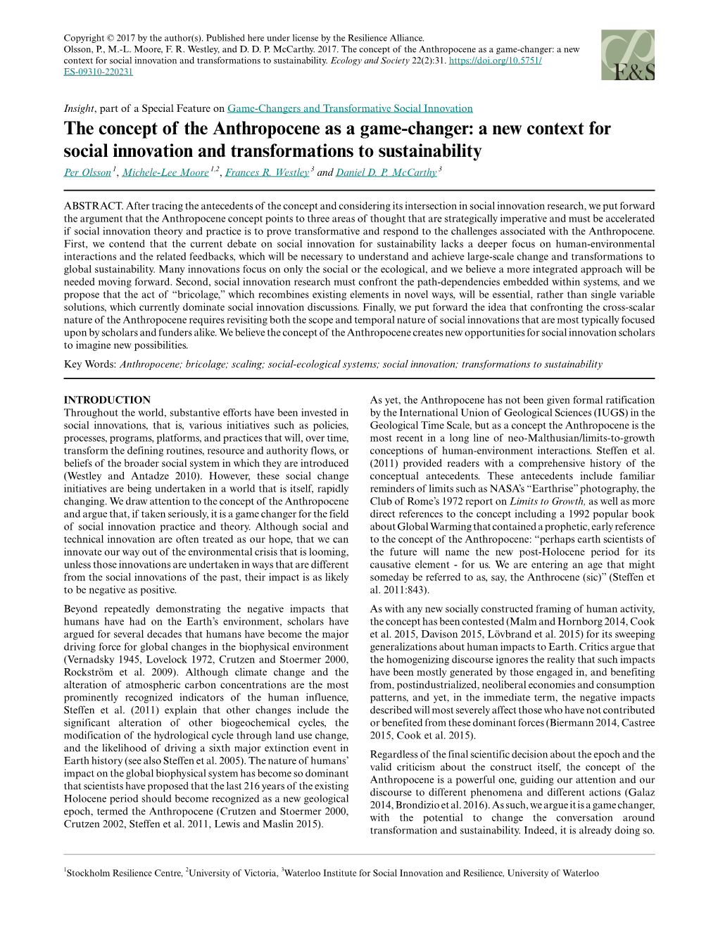 The Concept of the Anthropocene As a Game-Changer: a New Context for Social Innovation and Transformations to Sustainability