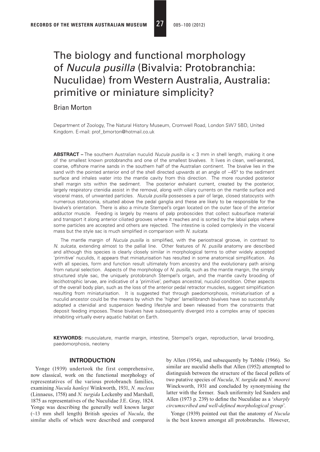 The Biology and Functional Morphology of Nucula Pusilla