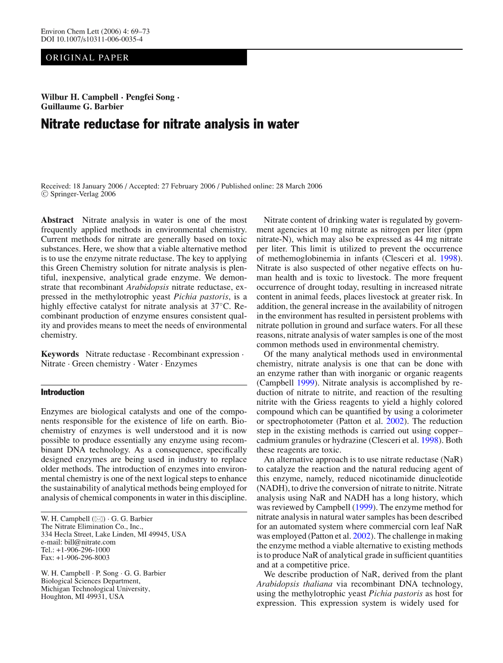 Nitrate Reductase for Nitrate Analysis in Water