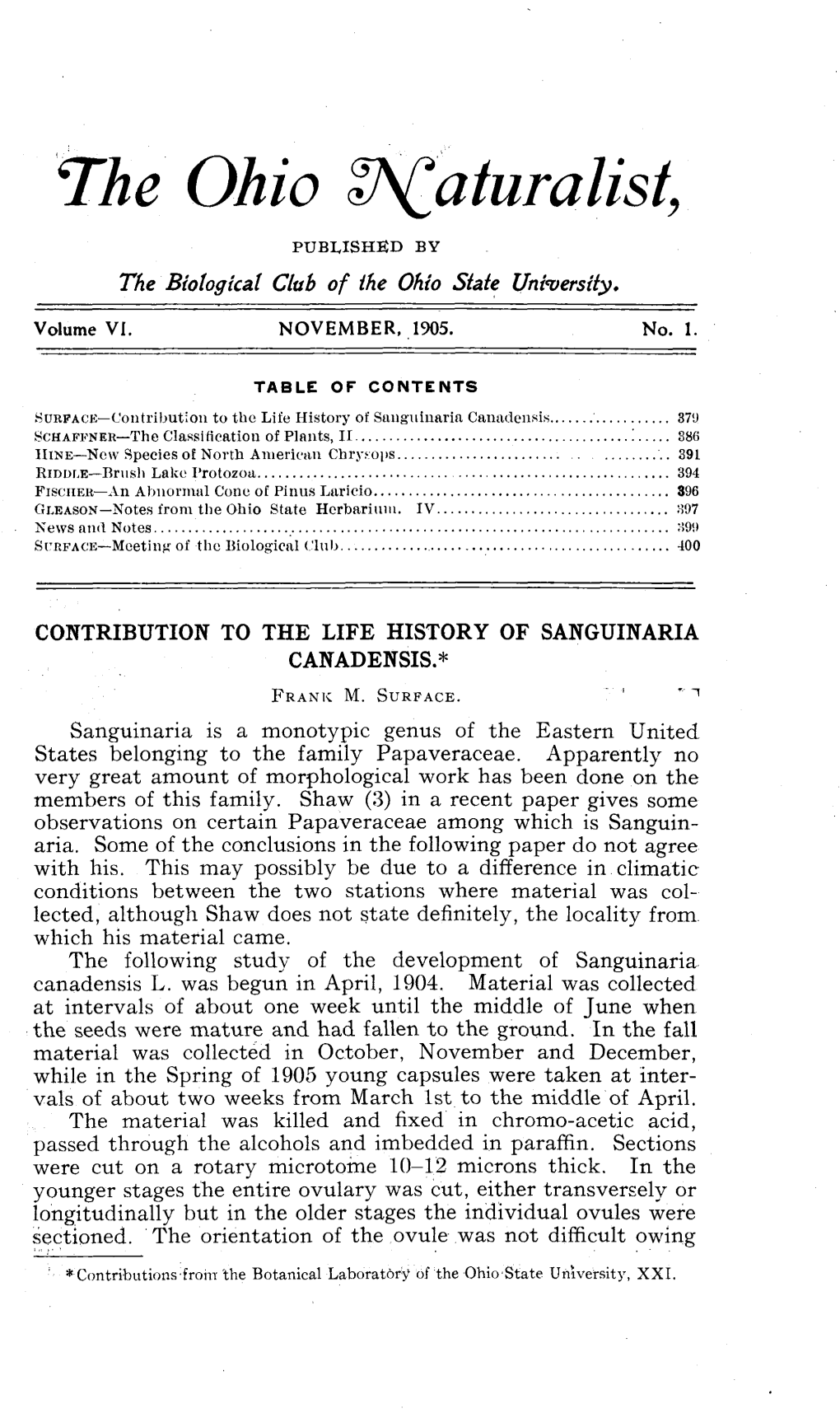 Contribution to the Life History of Sanguinaria Canadensis.*