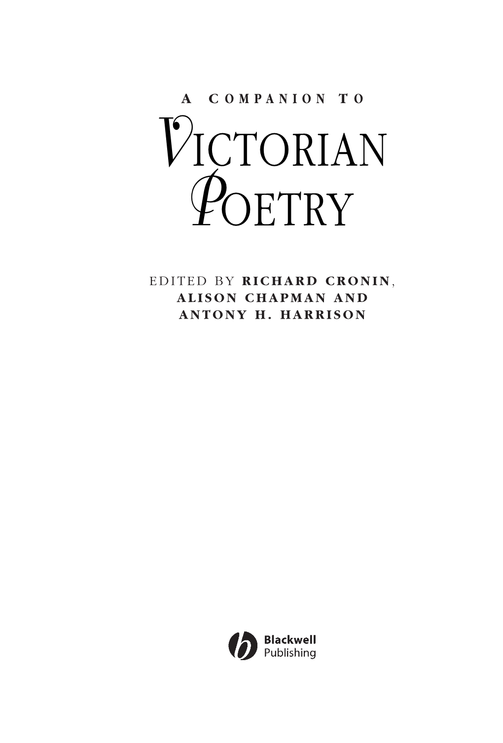 Victorian Poetry Blackwell Companions to Literature and Culture