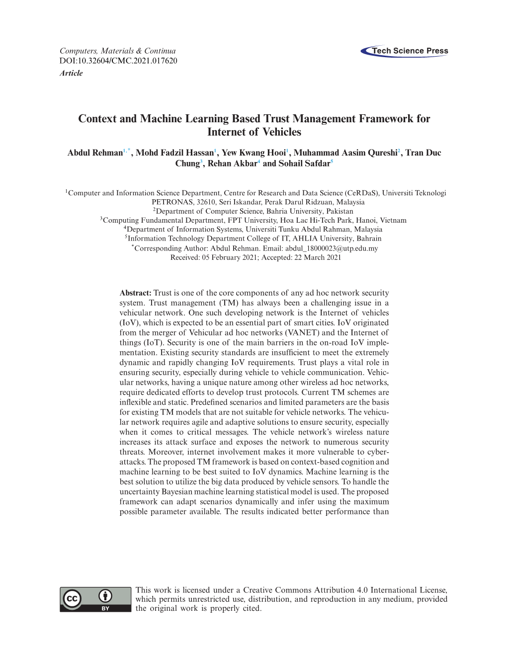 Context and Machine Learning Based Trust Management Framework for Internet of Vehicles