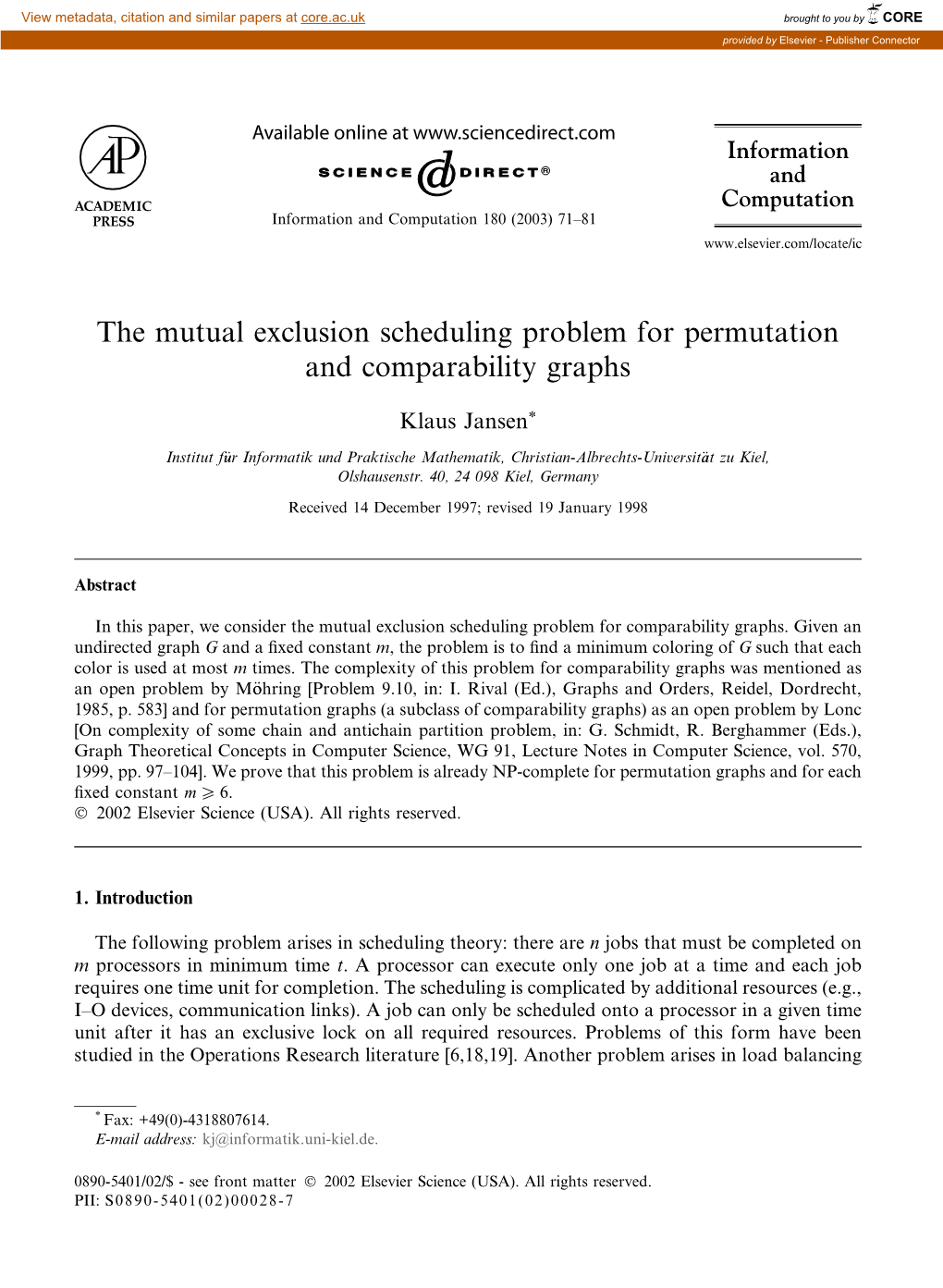 The Mutual Exclusion Scheduling Problem for Permutation and Comparability Graphs