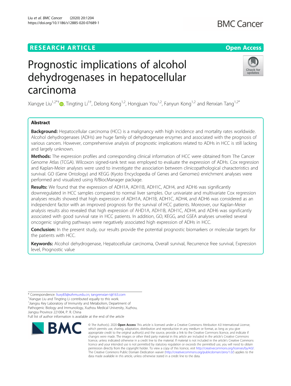 Prognostic Implications of Alcohol Dehydrogenases in Hepatocellular