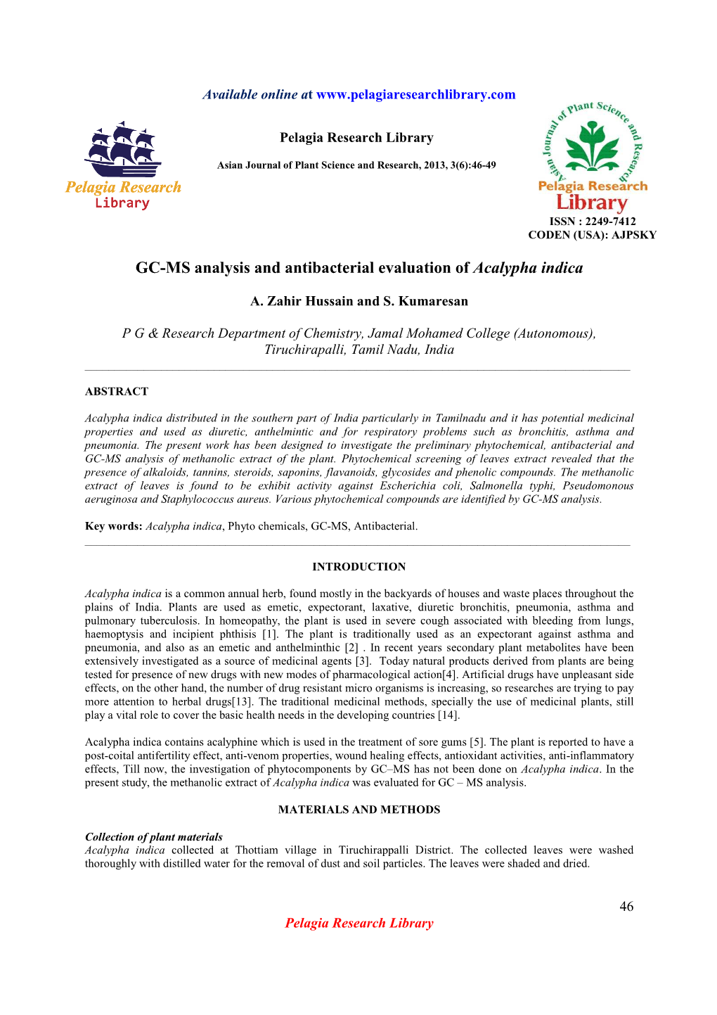 GC-MS Analysis and Antibacterial Evaluation of Acalypha Indica