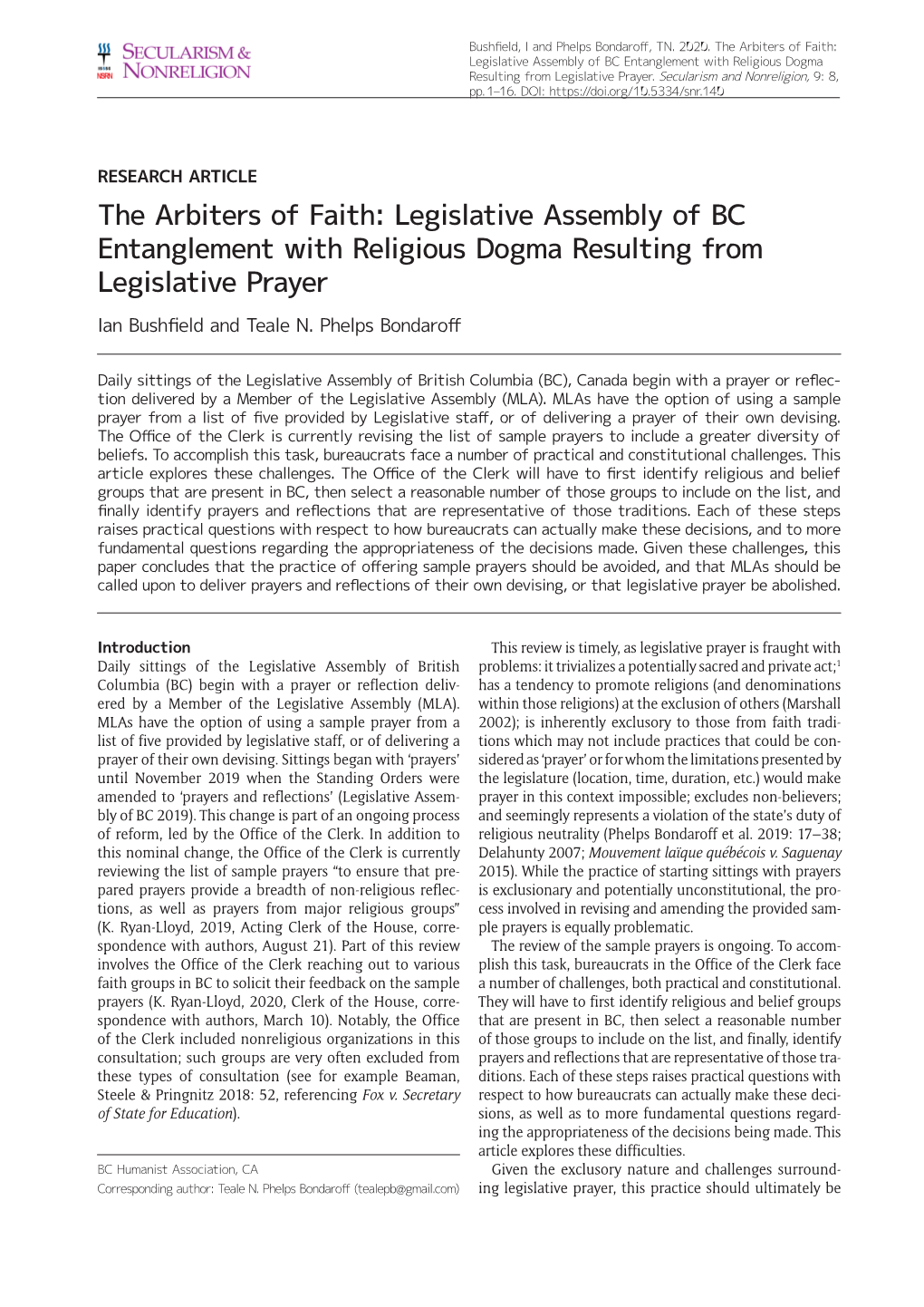 Legislative Assembly of BC Entanglement with Religious Dogma Resulting from Legislative Prayer