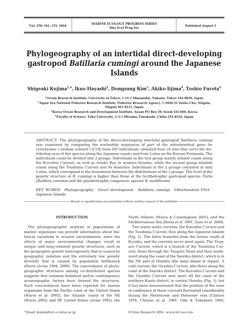 Phylogeography of an Intertidal Direct-Developing Gastropod Batillaria Cumingi Around the Japanese Islands