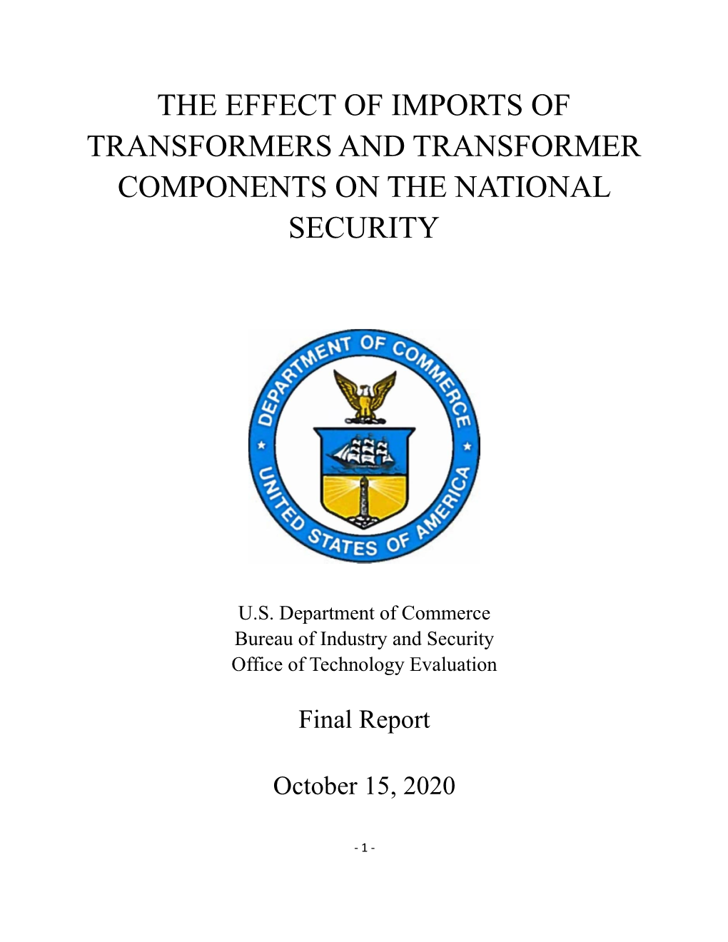 The Effect of Imports of Transformers and Transformer Components on the National Security