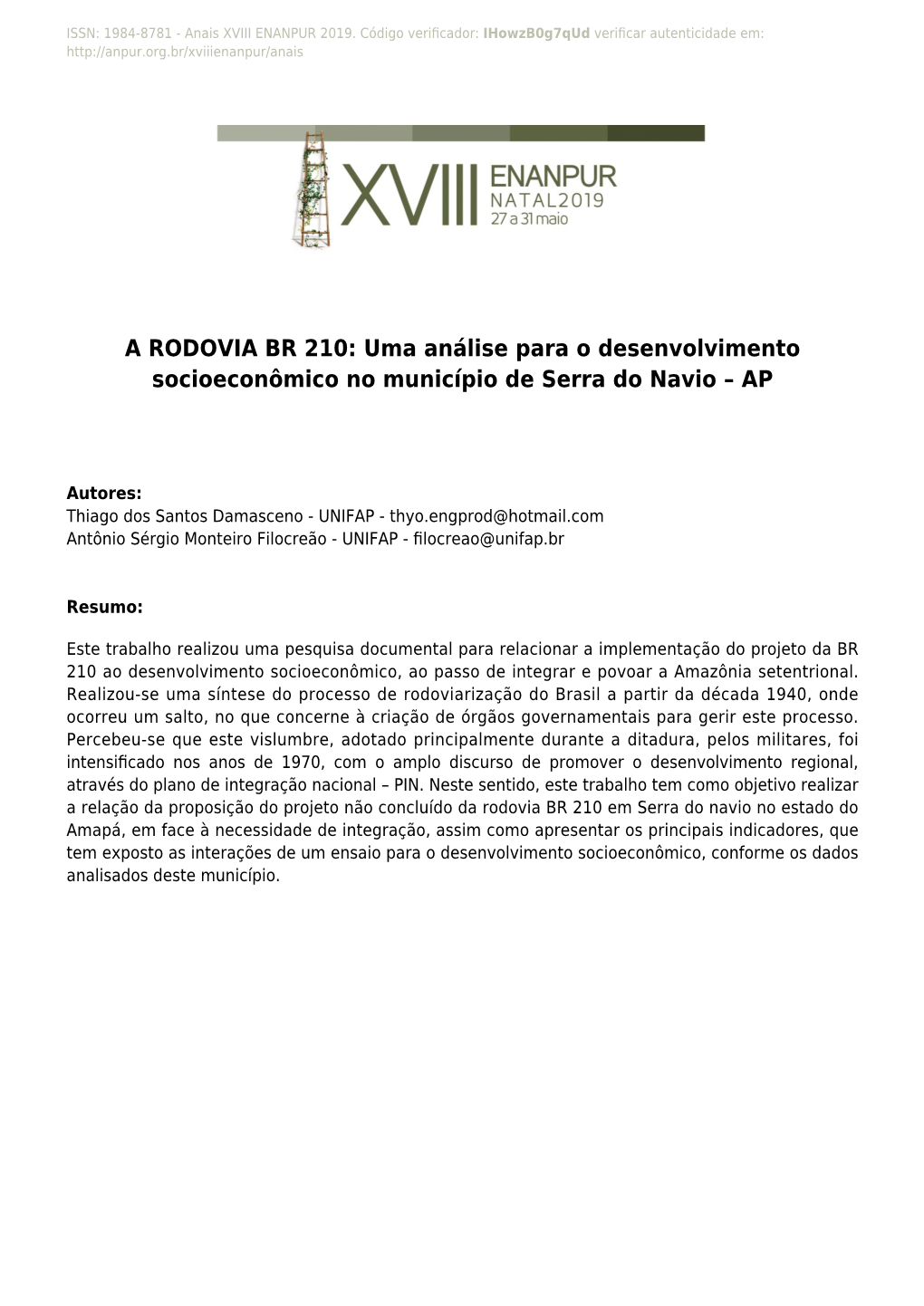 A RODOVIA BR 210: Uma Análise Para O Desenvolvimento Socioeconômico No Município De Serra Do Navio – AP