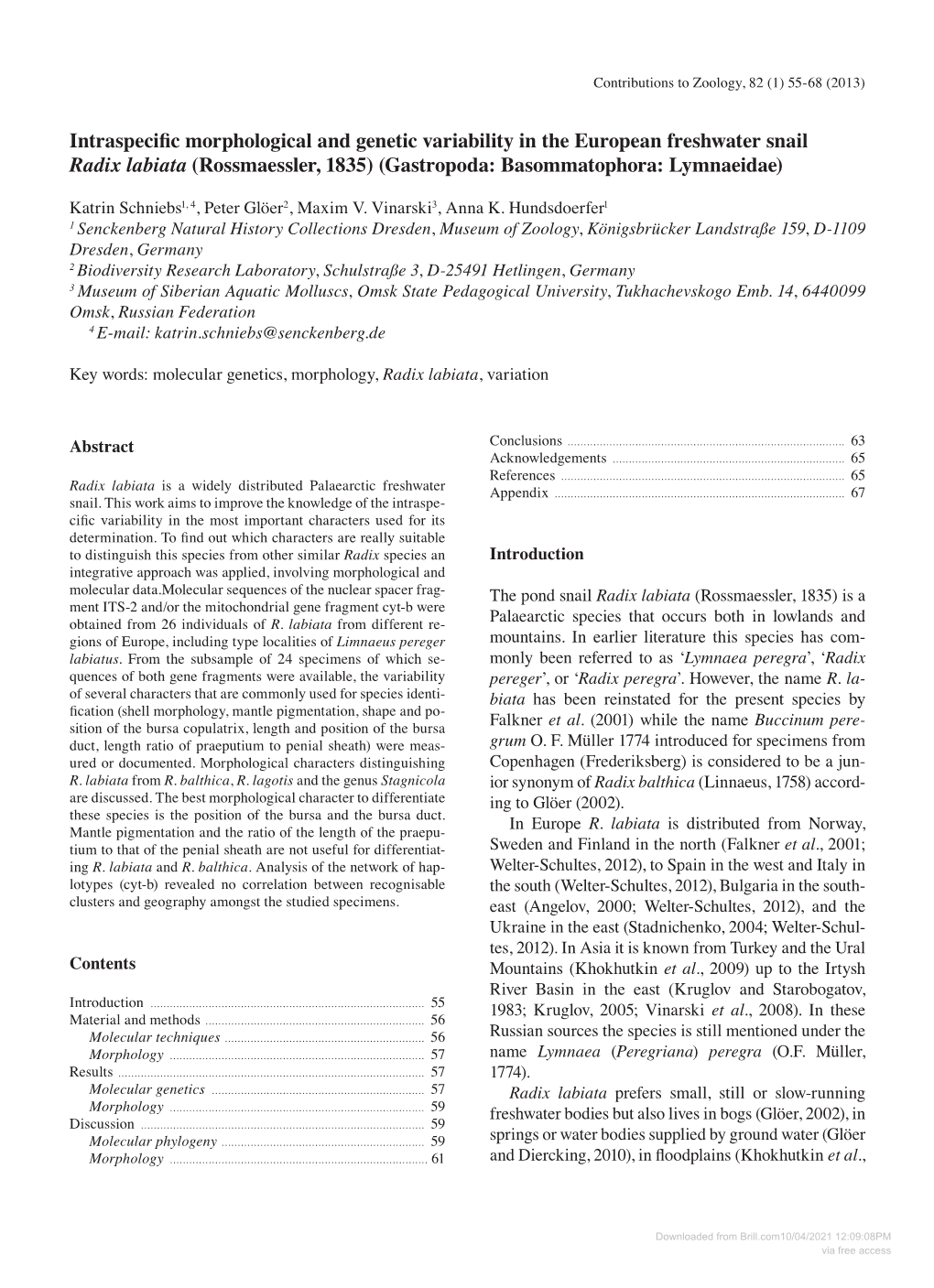 Intraspecific Morphological and Genetic Variability in the European Freshwater Snail Radix Labiata (Rossmaessler, 1835) (Gastropoda: Basommatophora: Lymnaeidae)