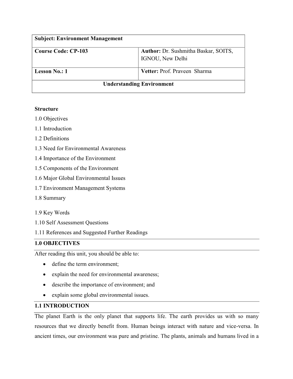 Subject: Environment Management Course Code: CP-103 Author