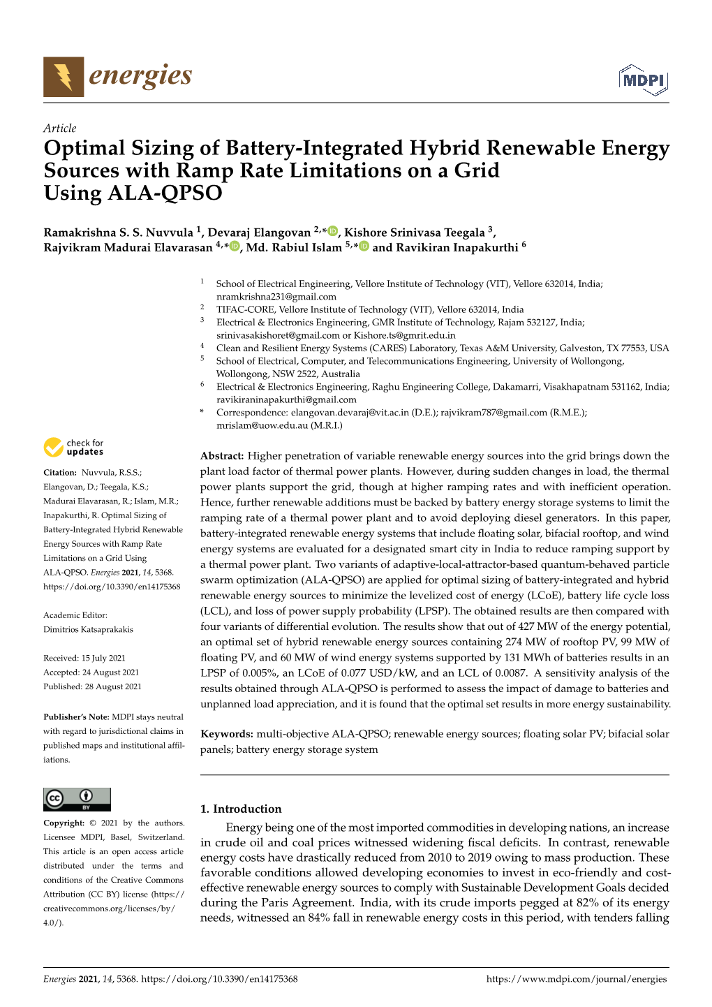 Optimal Sizing of Battery-Integrated Hybrid Renewable Energy Sources with Ramp Rate Limitations on a Grid Using ALA-QPSO