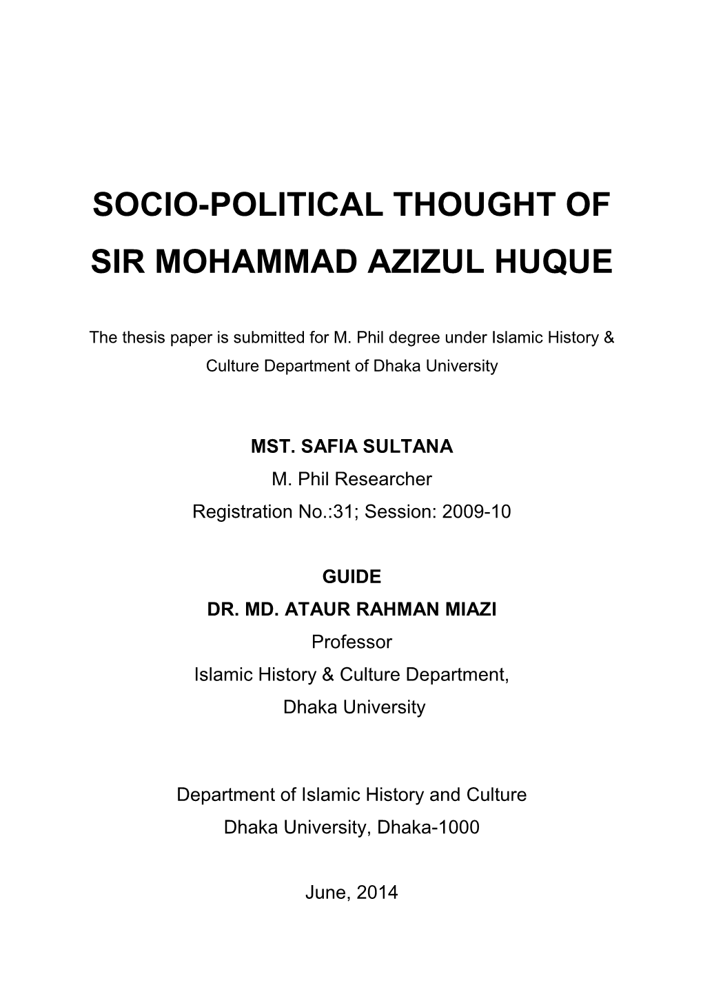 Socio-Political Thought of Sir Mohammad Azizul Huque