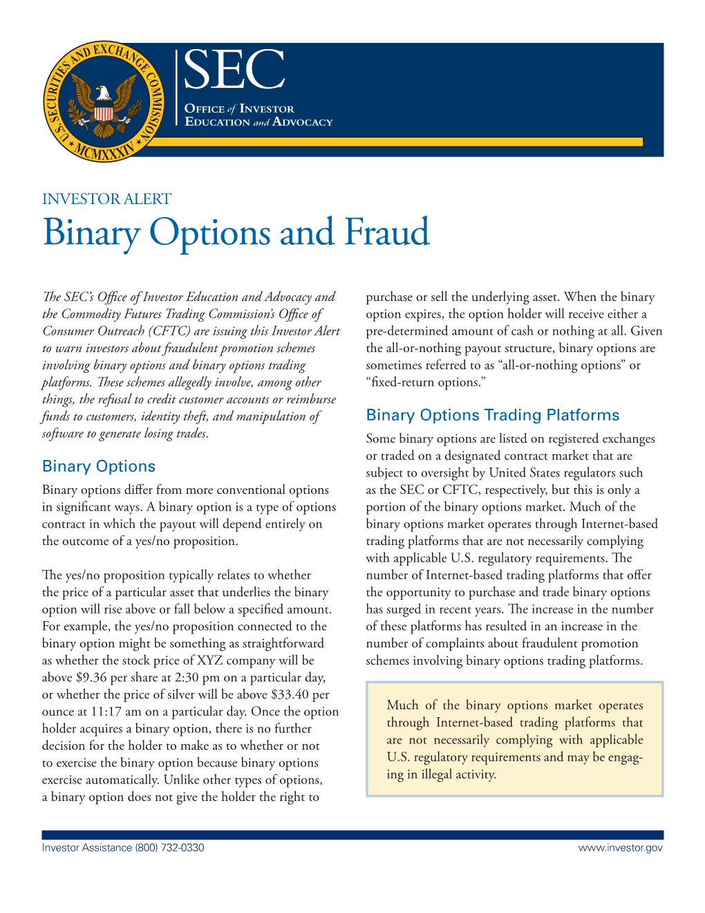 Investor Alert: Binary Options and Fraud