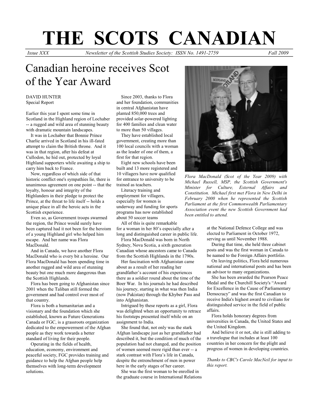 Fall 2009 Canadian Heroine Receives Scot of the Year Award
