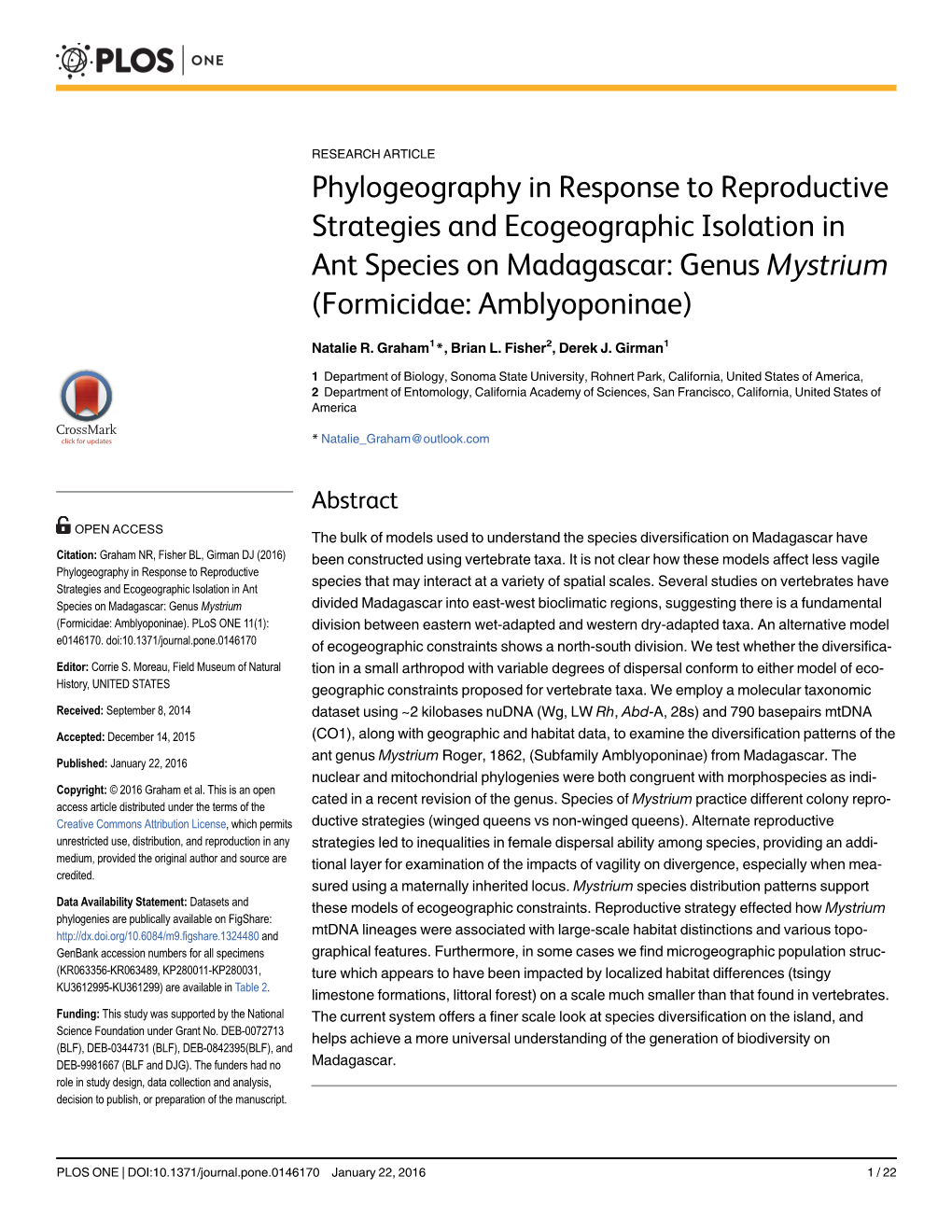 Phylogeography in Response to Reproductive Strategies and Ecogeographic Isolation in Ant Species on Madagascar: Genus Mystrium (Formicidae: Amblyoponinae)