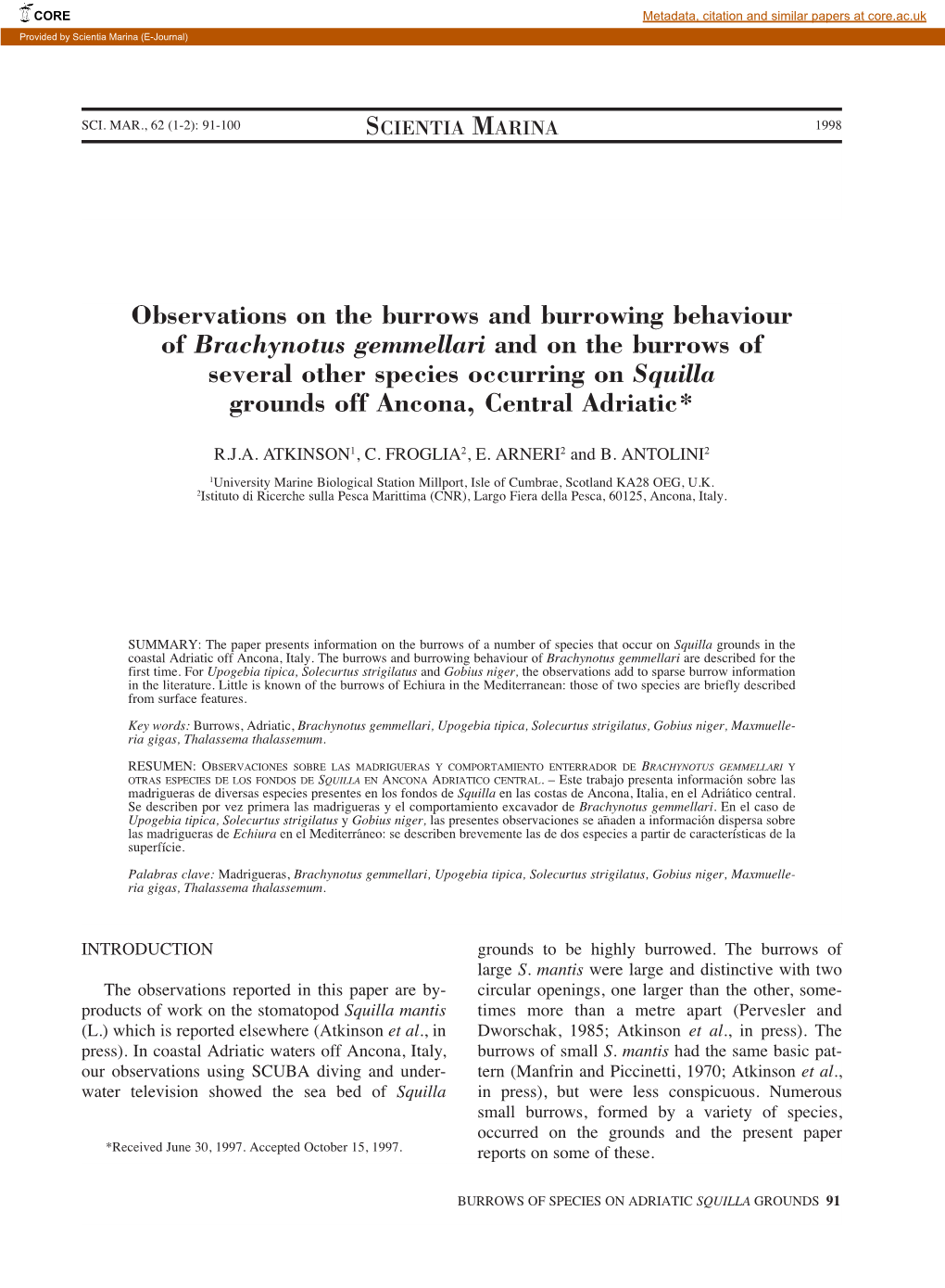 Observations on the Burrows and Burrowing Behaviour of Brachynotus Gemmellari and on the Burrows of Several Other Species Occurr