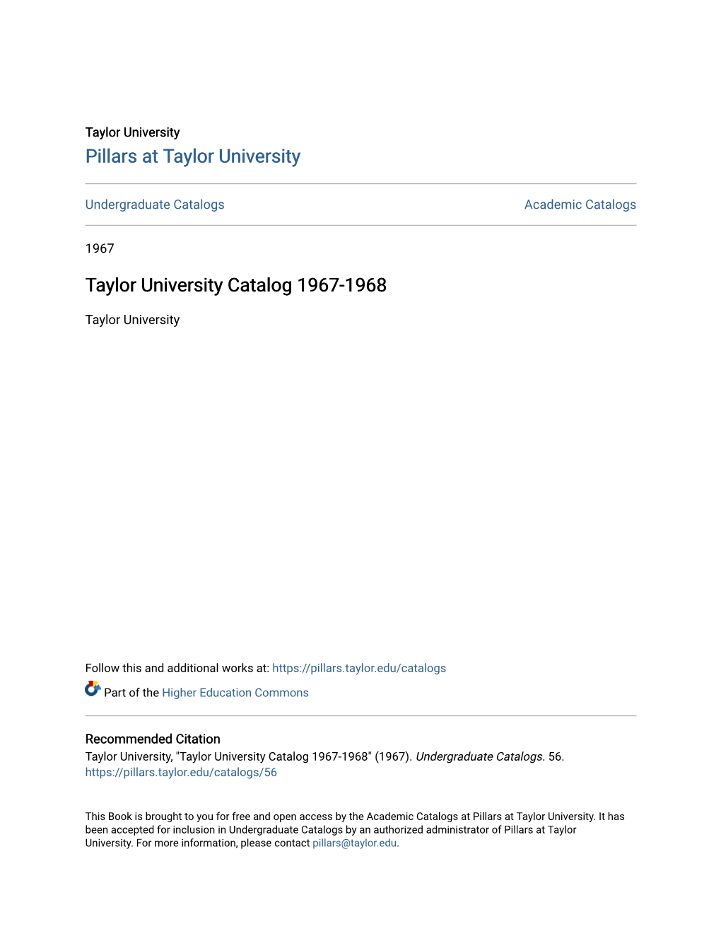 Taylor University Catalog 1967-1968